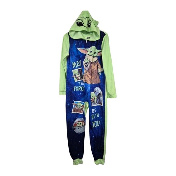 Star Wars Baby Yoda Kids 14/16 Microfleece One Piece Union Suit Pajamas Winter - Picture 8 of 11